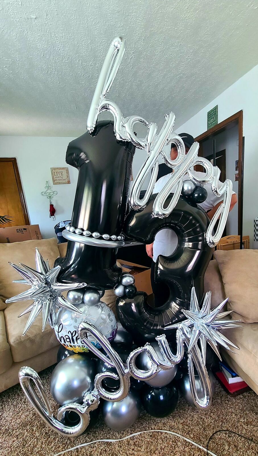 Black and silver Happy Birthday balloon marquee stack